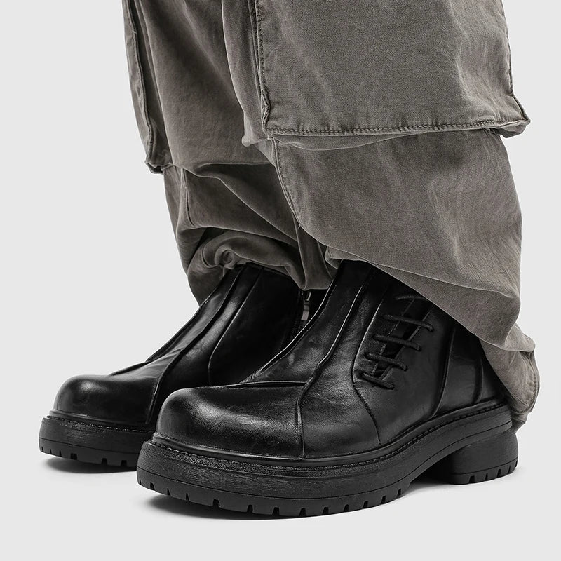 Autumn Winter Mens Ankle Boots Genuine Leather  Platform Chelsea Boots Street Style Male Motorcycle Boots High Top Walking Shoes.