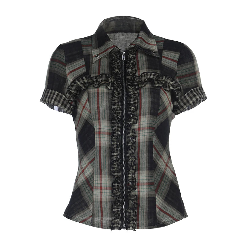 Summer Women Short Sleeve Crop Shirt Gyaru Plaid Blouse Coquette Y2k 2000s Tops Design Gyaru Harajuku Vintage Tide New In 2025.