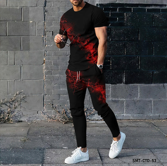 Fashion Dotted Graffiti Pattern3D Printing Long Pants Sportswear 2-piece Set Short Sleeved T-shirt+long Pants Cycling Fitnes Set.
