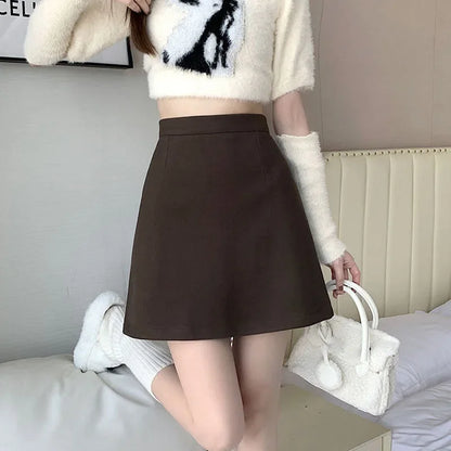 Autumn Winter Womens Woolen Skirt 2024 New Korean Style High Waist Bodycon Mini Skirts Ladies College Style Zipper A-Line Skirt