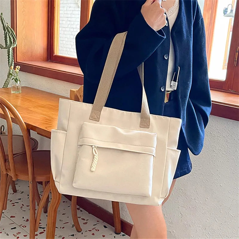 Nylon Tote Bag with Multiple Pocket Lightweight Foldable Design for Office Commute Shopping Fitness Storage Handbag Shoulder Bag.
