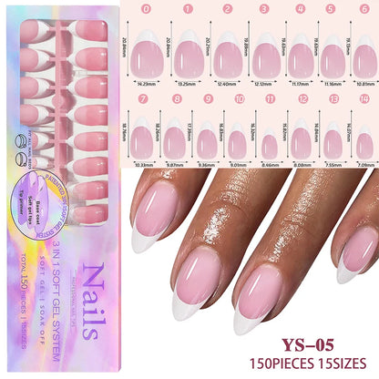 150Pcs/Box Acrylic Press on Nails Full Cover Fake False Tips Soft Gel Extension T-shaped Oval Capsule Almond Sculpted Salon DIY