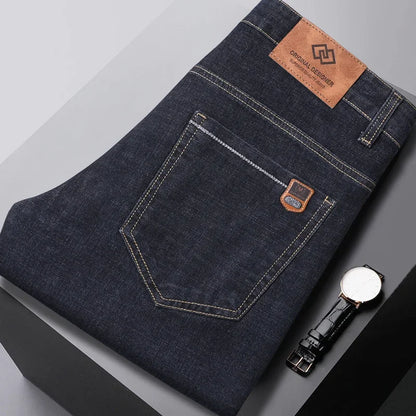 2024 New Brand Men's Fit Straight Lightweight Cotton Stretch Denim Pants Casual Male High Waist Thin Light Blue Business Jeans