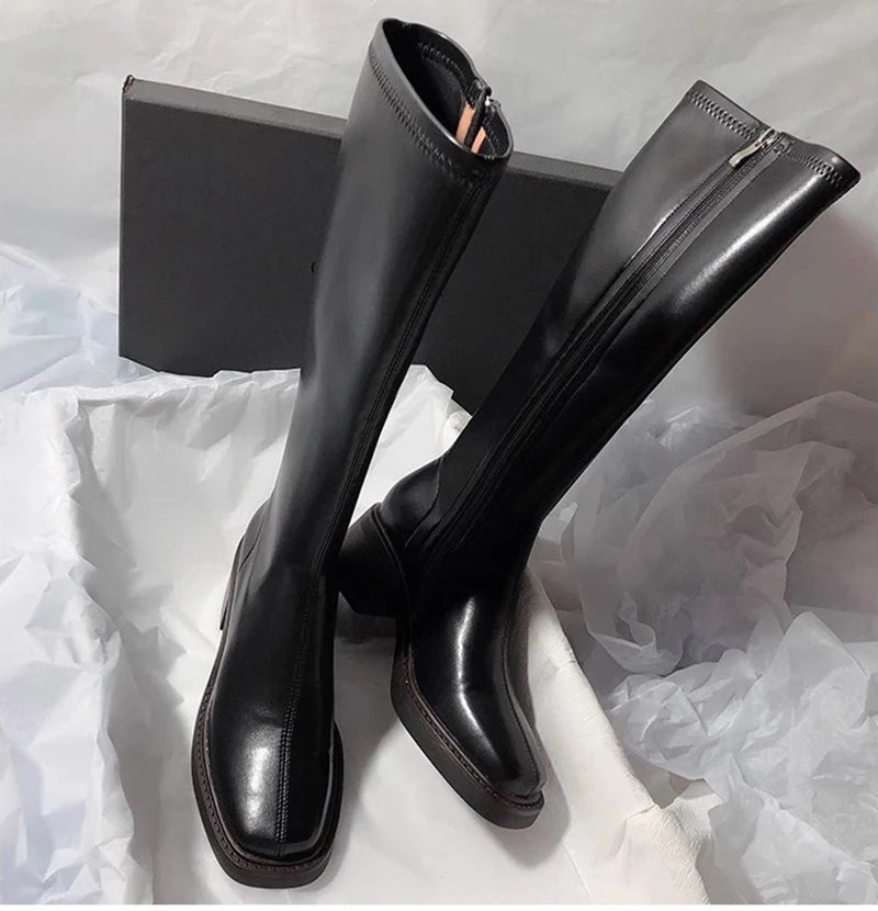 Vintage Thick Heel Women Knee High Boots Fashion Side Zippers Shoes Autumn Winter Ladies Concise Long Botas De Mujer.