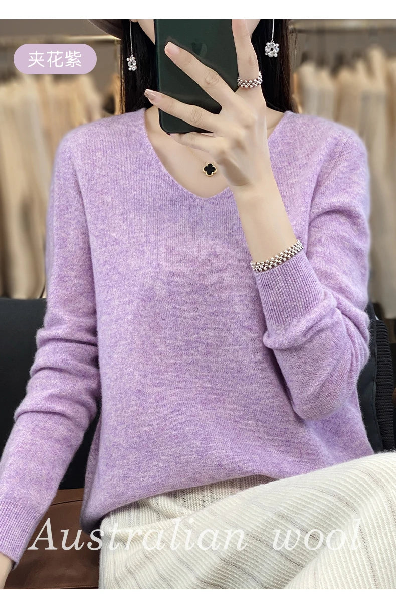 Women 100% Merino Wool Sweater V-Neck Basic Pullover Autumn Winter Cashmere Clothing Long Sleeve Soft Knitwear Tops Solid Color