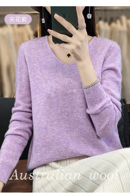 Women 100% Merino Wool Sweater V-Neck Basic Pullover Autumn Winter Cashmere Clothing Long Sleeve Soft Knitwear Tops Solid Color