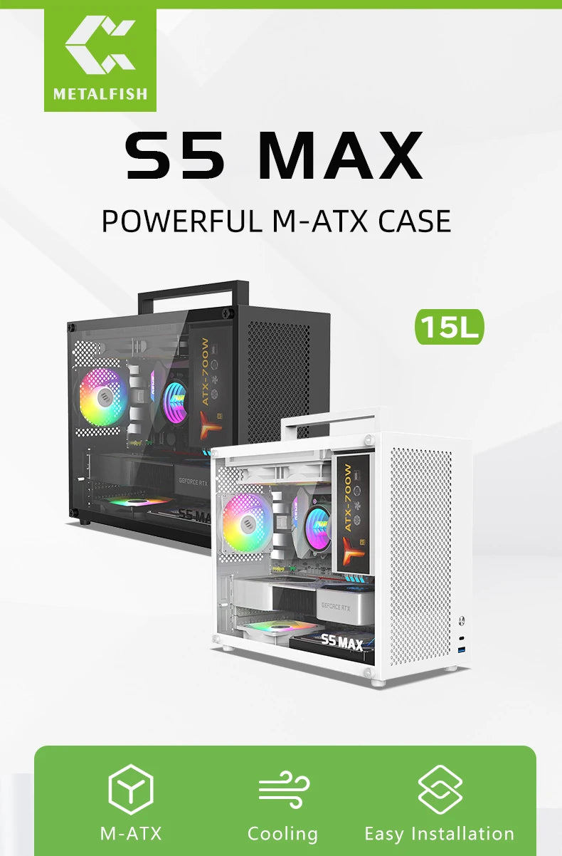 METALFISH S5 MAX Computer Case Gaming PC Chassis Support MATX/ITX 24.5*24.5cm SFX/ATX PSU 135 Mid Tower /180 WaterCooling Cooler.