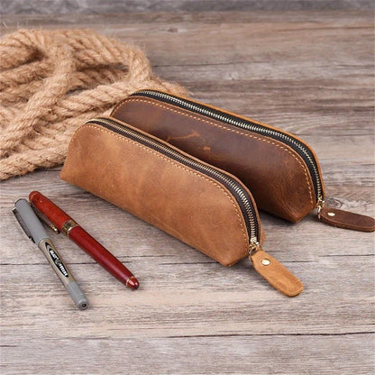 Vintage Leather Pencil Bag Simple Stationery Hoder Pen Case Storage Bag Zipper Pencil Pouch Glasses Box School Supplies.