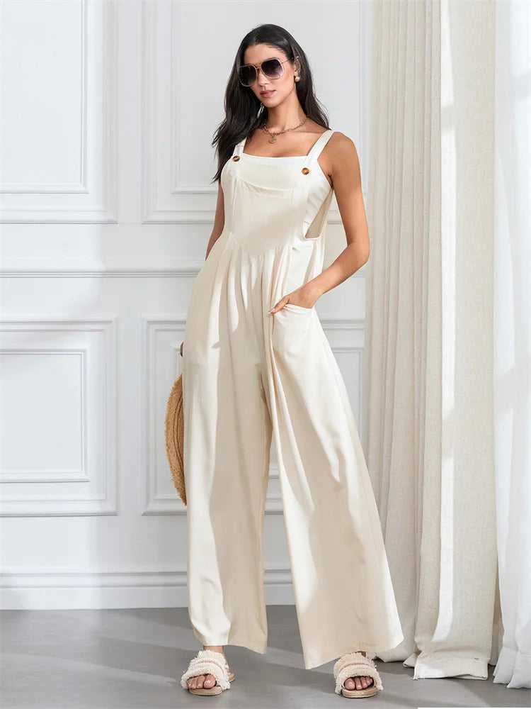 Women Fashion Jumpsuits Sleeveless Buttons Suspender Wide Leg Pant Overalls with Pockets Casual Loose Romper Streetwear.