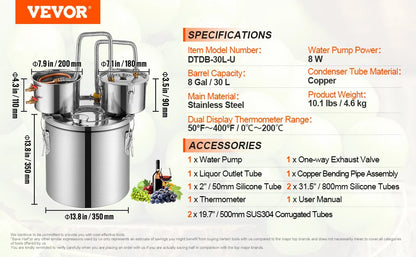 SucceBuy Alcohol Still Stainless Steel Water Alcohol Distiller Fast Cooling Dual Condenser Distiller Kit for Wine Whisky Brandy.