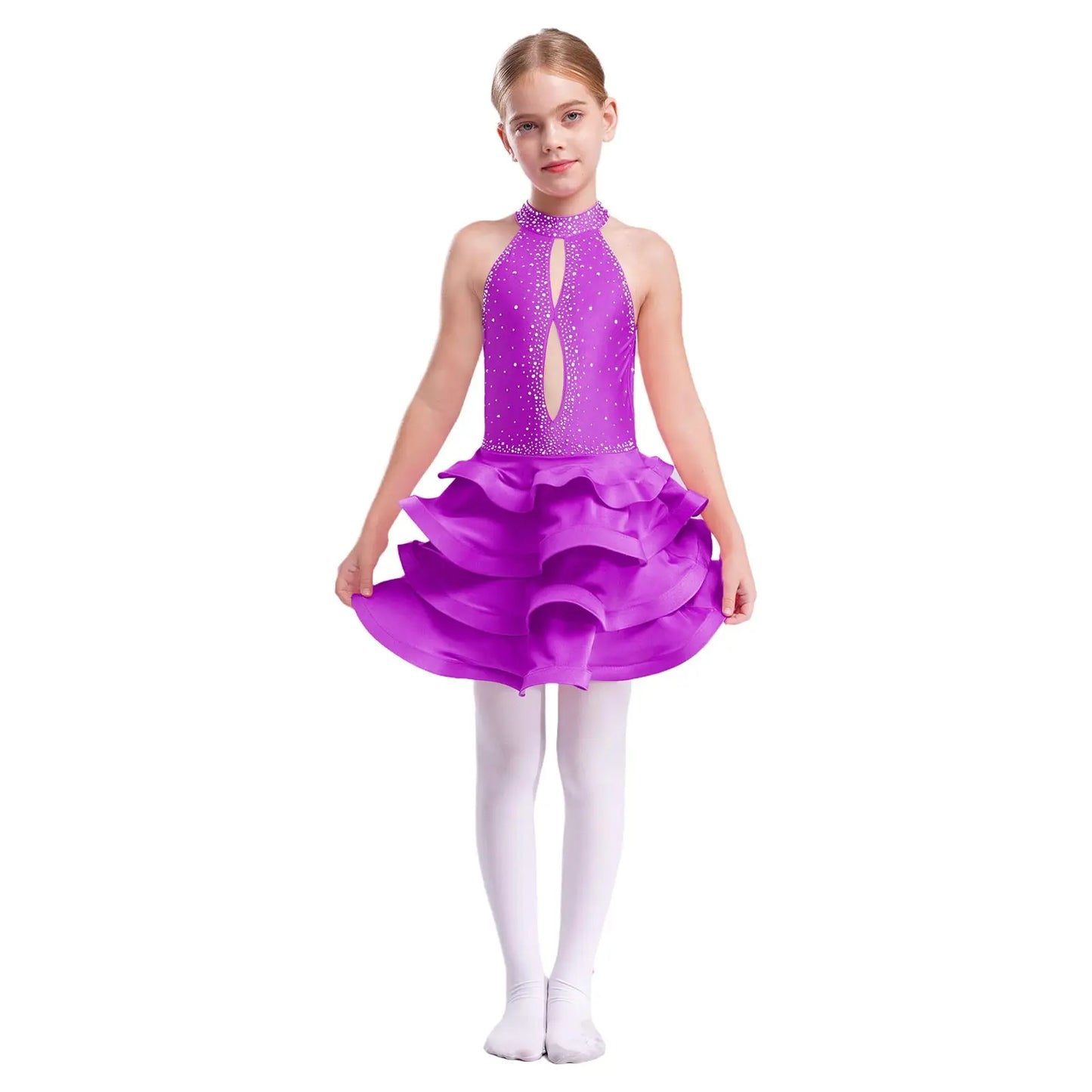 Eiskunstlauf-Kostüm für Teenager-Mädchen, lateinamerikanischer Tanz, Cha-Cha, Tango, Performance-Tanzbekleidung, ärmelloses, gestuftes Kleid mit Strasssteinen