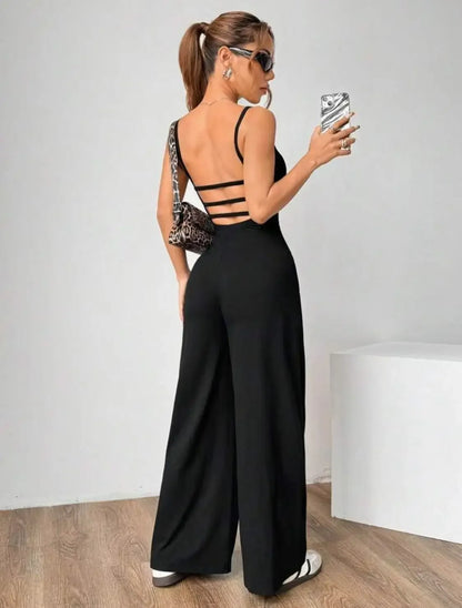 Fashionable Solid Color High Waist Bell Bottom Jumpsuit Backless Strap Casual Women's Long Pants One Piece Suit Female.