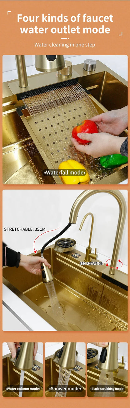 Waterfall Kitchen Sink Gold 304 Stainless Steel Modern Multifuctional Large Sink  Above Counter Apron Front Installation