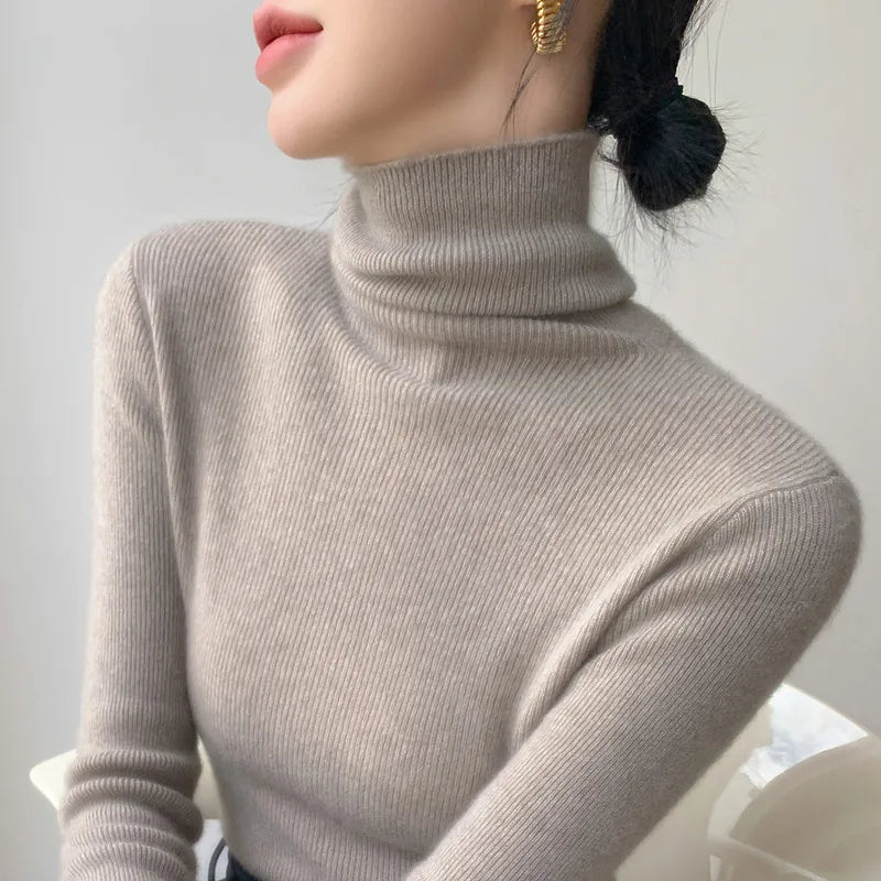 2025 herbst Winter Rollkragen Warme Jumper Lässig Feste Dünne Strickjacke Frauen Langarm Gestrickte Pullover Einfache Basis Schicht Top