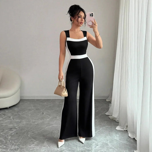 Elegant Color Block Wide Leg Jumpsuit Sleeveless Women's Spring Summer Vacation Style Cross-Border Fashion Ladies' Outfit.