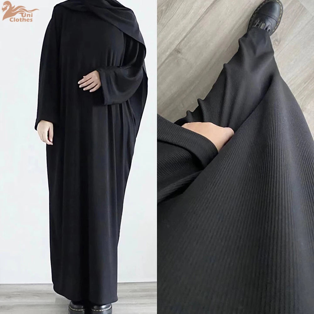 Saudi Arab Turkish Autumn Winter Knitted Dress For Women Jalabiyat Solid Comfortable Belted Casual Muslim Ramadan Robe.
