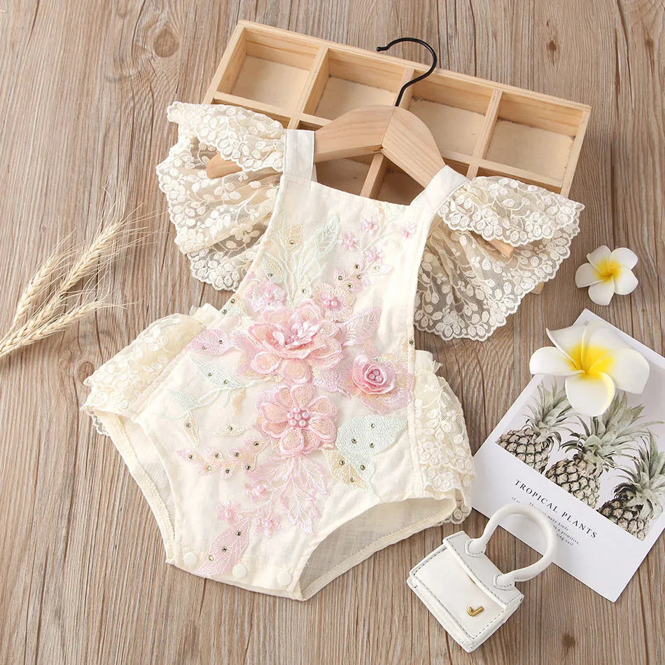 Sommer Baby Kleidung Kleinkind Junge Mädchen Floral Applikationen Body Kleinkind Kinder Rüschen Spitze Strampler Baby Einteiliges 0-24 monate.