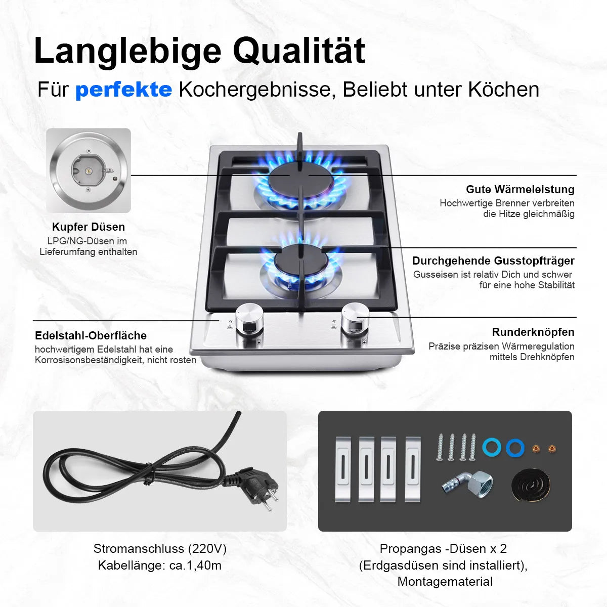 Stainless Steel Gas Hob Automatic Flame Protection 2 Bulbs | Dual Fuel Natural Gas/Propane Built-in/Freestanding 2400W 220-240V.