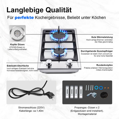 Stainless Steel Gas Hob Automatic Flame Protection 2 Bulbs | Dual Fuel Natural Gas/Propane Built-in/Freestanding 2400W 220-240V.