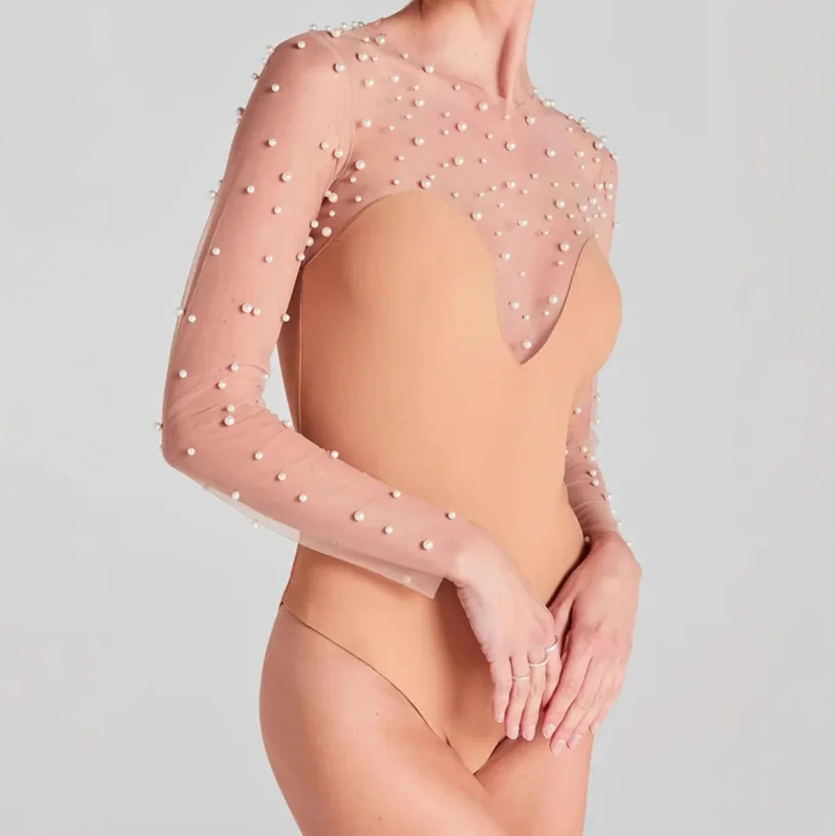 Elegant Women Slim Fit Bodysuit Rompers Pearls Beaded Patchwork One Piece Jumpsuit Causal See-through Tulle Long Sleeve Playsuit.