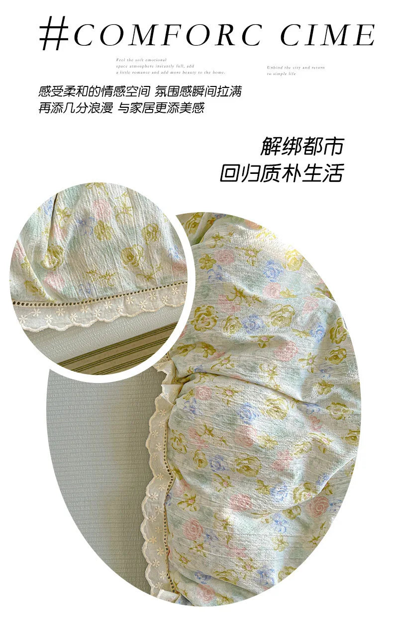2025 new small fresh printing French lace lace double four-piece set bedding wrinkled yarn student three-piece set.