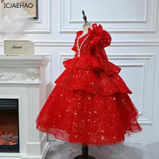 2025, Kinderkleid, Performance-Outfit, Mädchen, Blumenmädchen, Geburtstag, Prinzessinnenkleider, glitzernde Pailletten, bauschiges Kleid, rote Partykleidung für Kinder