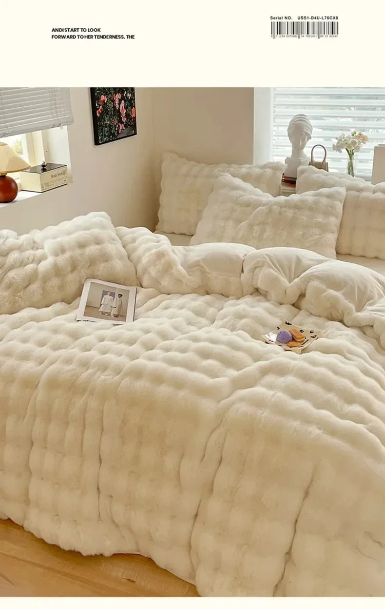 4pcs Grey Rabbit Fur Bedding Set Thick Milk Plush Winter Duvet Cover Warm Bed Sheets, Queen Size Four Piece Set  Bedroom Decor.