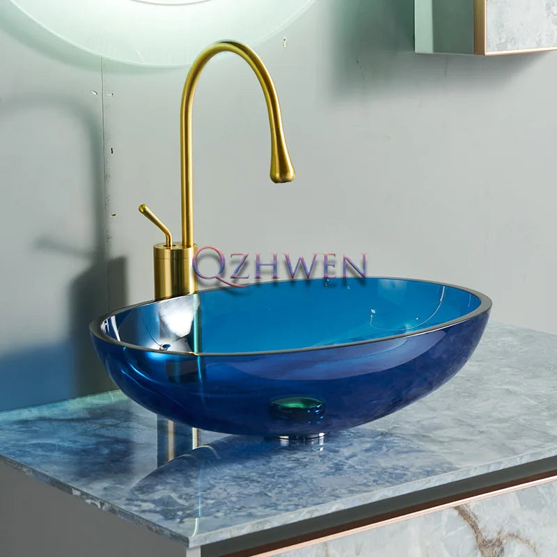 Farbiges, transparentes Badezimmerwaschbecken aus gehärtetem Glas, Hotel, modernes Aufsatzwaschbecken, Waschbecken mit Wasserfall-Wasserhahn, 49 x 35 x 13 cm