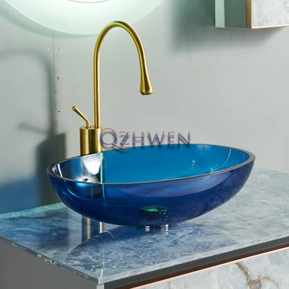 Farbiges, transparentes Badezimmerwaschbecken aus gehärtetem Glas, Hotel, modernes Aufsatzwaschbecken, Waschbecken mit Wasserfall-Wasserhahn, 49 x 35 x 13 cm