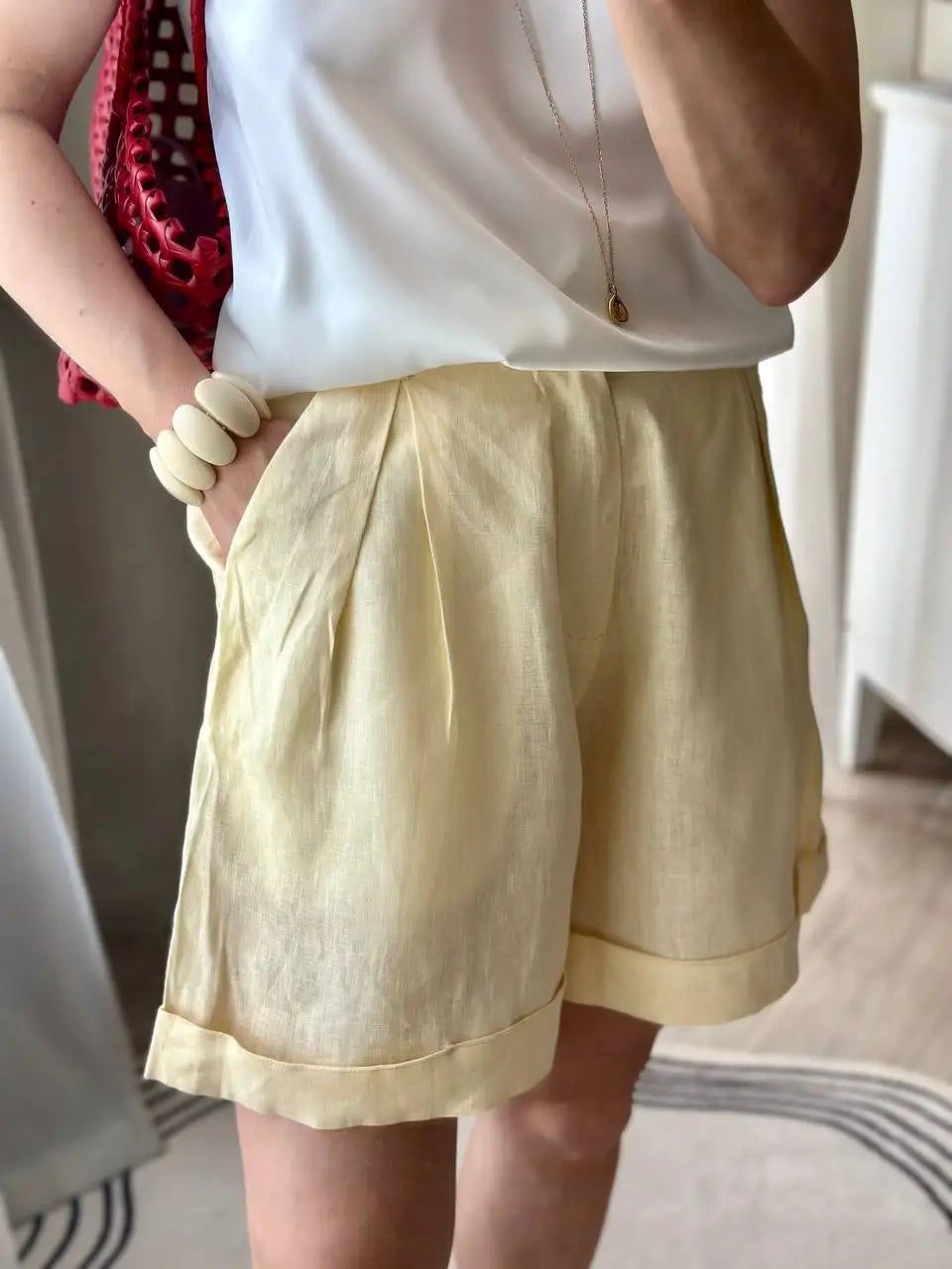 Summer Korea Style Lazy Linen Curled Bermuda Shorts Wide Leg Loose Slim Casual Hot Pants For Women