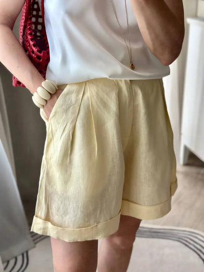 Summer Korea Style Lazy Linen Curled Bermuda Shorts Wide Leg Loose Slim Casual Hot Pants For Women