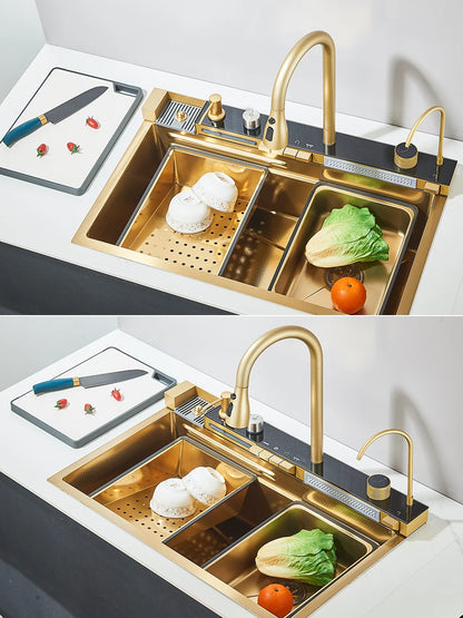 Große 304 Küchenspülen, 75 x 45 cm, Edelstahl, Küchen-Wasserfall-Waschbecken, Digitalanzeige, großes Einzelwaschbecken, Geschirrspüler-Wasserhahn