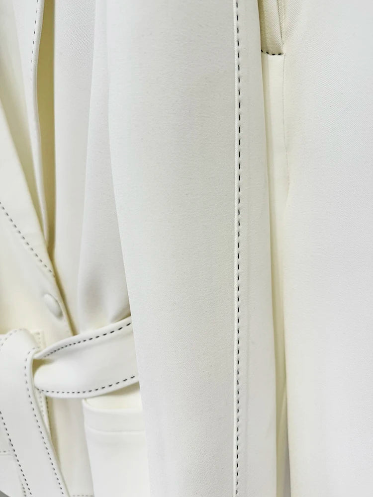 HIGH STREET Newest Fashion 2024 Designer Suit Set Women's Contrast Stitching Belted Blazer Pants Suit 2pcs.