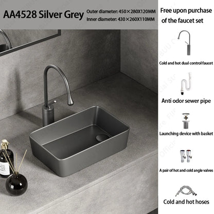 Rechteckiges silbergraues Porzellan-Keramikgefäßwaschbecken über der Theke, Toilette, Badezimmer-Schminktisch, Waschbecken, glasiertes weißes Waschbecken