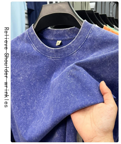 Personality washed vintage short sleeve T-shirt high-end 100% pure cotton men fashion round neck comfort lightweight casual top