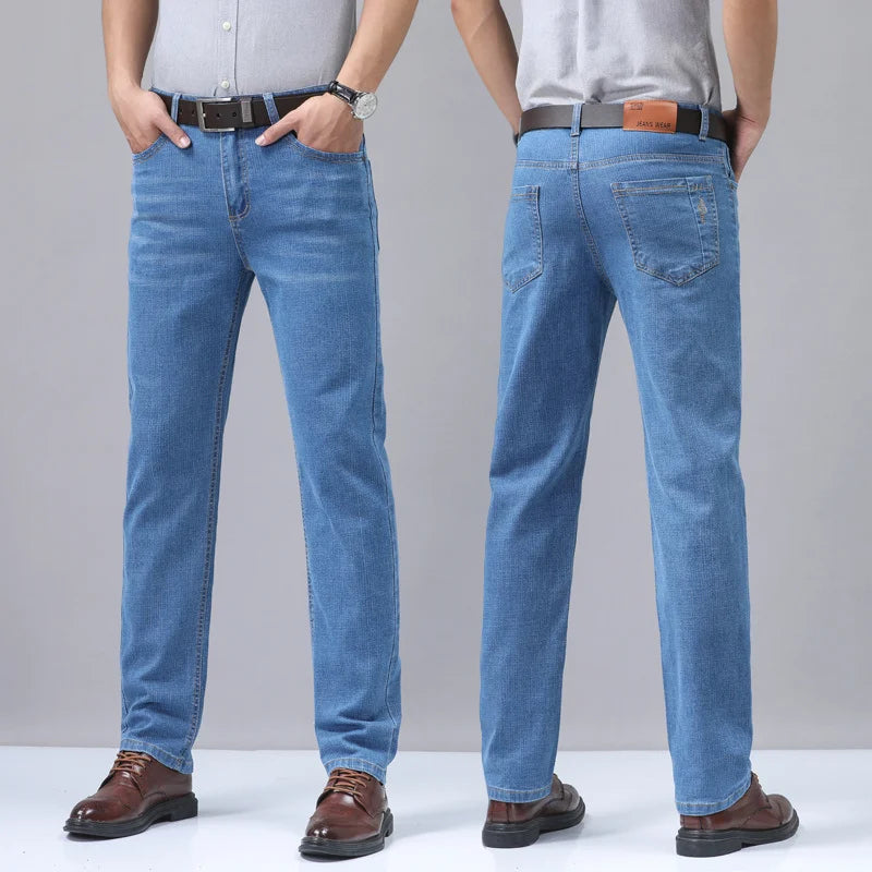 2024 New Brand Men's Fit Straight Lightweight Cotton Stretch Denim Pants Casual Male High Waist Thin Light Blue Business Jeans.