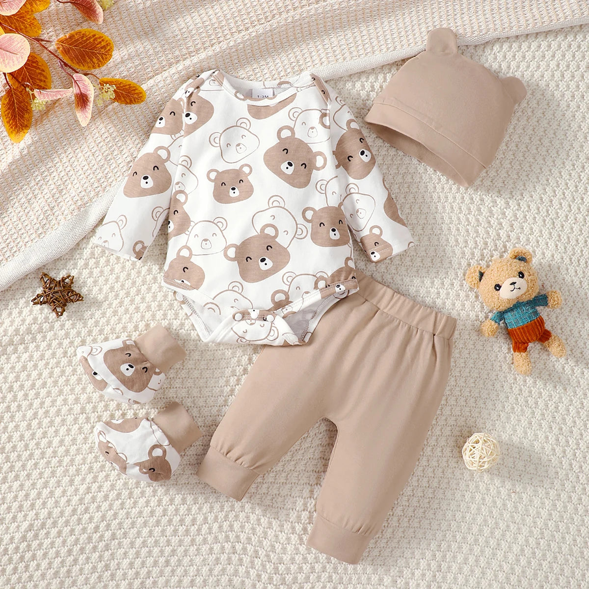 0-9 Months Baby Boy Set Little Bear Long Sleeve Bodysuit+Pants+Hat+Socks 4pcs/Set Baby Spring Autumn clothing Newborn set.
