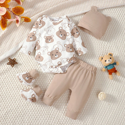 0-9 Months Baby Boy Set Little Bear Long Sleeve Bodysuit+Pants+Hat+Socks 4pcs/Set Baby Spring Autumn clothing Newborn set.