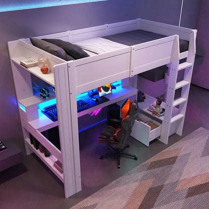 KOMHTOM Gaming Hochbett, Weiß, mit Schreibtisch, LED-Leuchten, Schublade und Regalen - Ohne Matratze