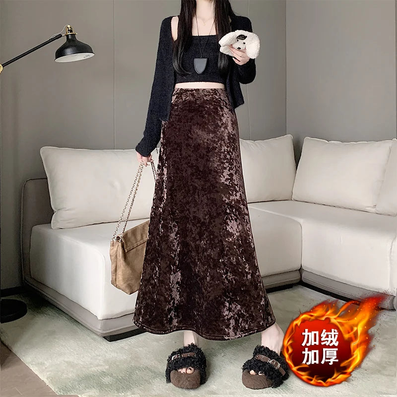 Plush Velvet Midi Skirt - 2025 New High-Waisted A-Line Mermaid Hem Skirt, Fleece-lined, Autumn Winter Thick Velvet Skirt