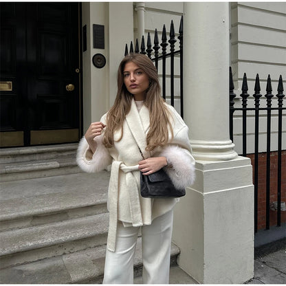 Frauen Mäntel Elegante Revers Plüsch Mit Gürtel Faux Pelz Hülse Tweed Offenen Mantel Weibliche 2025, Herbst Winter Mode Dame streetwear