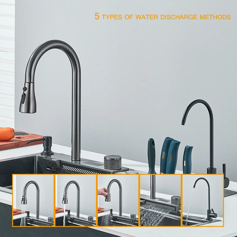 304 High 1uity intelligente Digital anzeige Wasserfall Küchen spüle großer Einzels chlitz integrierte Digital anzeige Wasserhahn Set