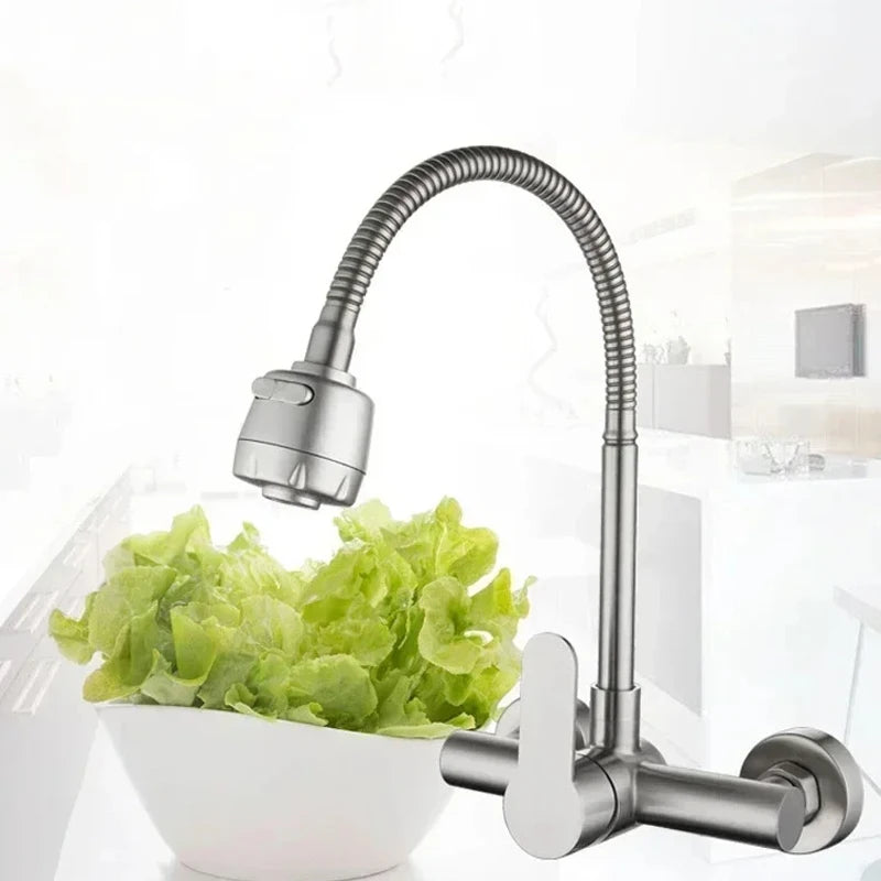 Universal Wall Mounted Stainless Steel Kitchen Faucet Cold and Hot Tap 360 Degree Swivel Flexible Hose Single Handle Faucet