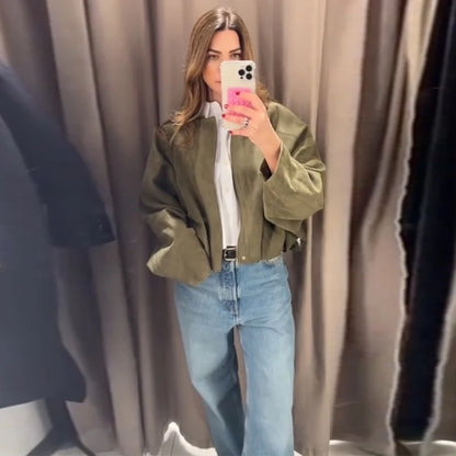 2025 herbst frauen Grün Wildleder Jacke Lose Revers Zipper Langarm Taschen Bomber Mantel Neue Mode Dame Dicke Streetwear
