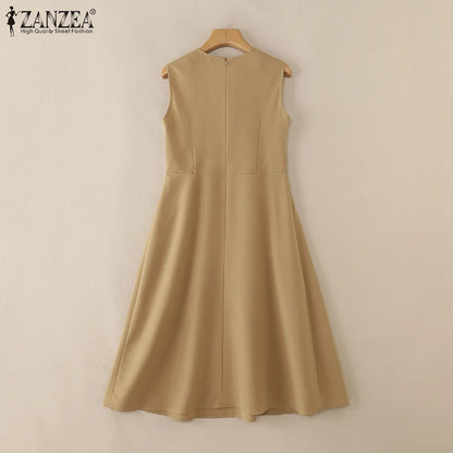 ZANZEA Elegante Frauen Plissee Midi Kleider Ausgestattet Taille Ärmel Solide Party Vestidos 2025, Sommer O Neck Pendeln Roben Femme