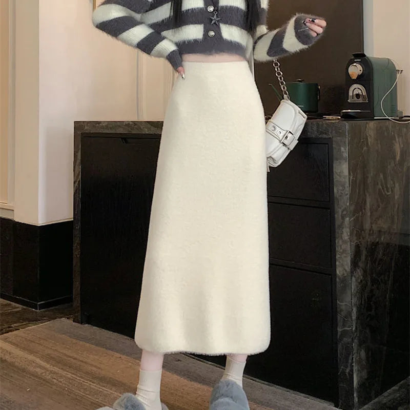 Korean Imitation Mink Plush Knitted Skirts Women Autumn Winter Thick Soft Split Pencil Skirts Elegant High Waist Bodycon Skirt.