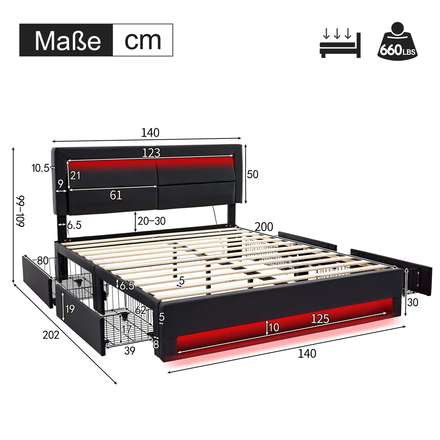 Polsterbett 140 x 200 cm, mit USB-Anschluss, LED-Beleuchtung und vier Schubladen, ohne Matratze, PU-Litschi-Muster , Schwarz
