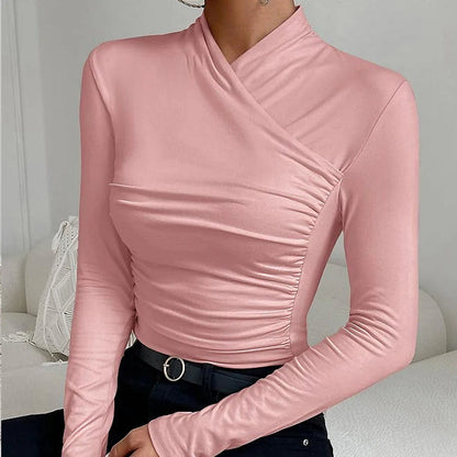 Sexy Elegant Fall Winter Long Sleeve Cross Pleated Pullover Women's Modal Solid Color Irregular Tops Street Daily Versatile Tees