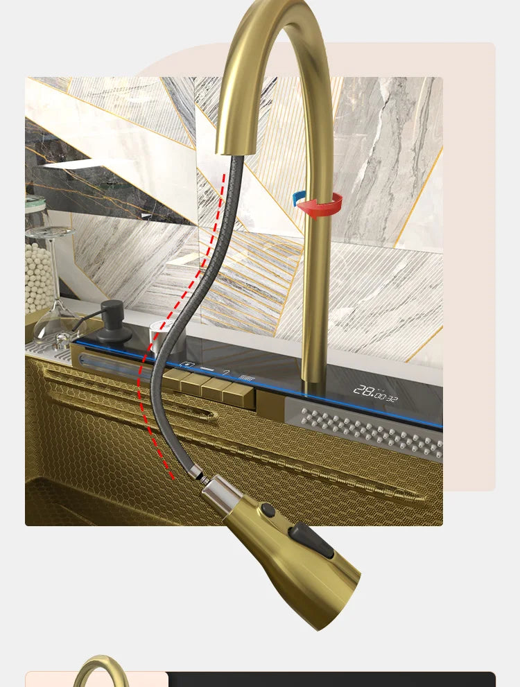 Goldene Küchenspüle aus Edelstahl, multifunktionale Wasserfall-Auslass, Einzelschlitz, Klavierknopf, Digitalanzeige