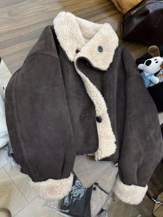Dicke Lamm Warme Jacke für Frauen Winter Mode Doppelseitige Tragen Warme Pelz Mäntel Bf Koreanische Lose Einreiher Revers outwear